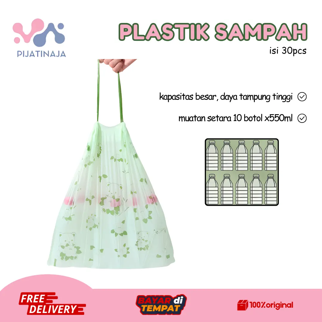 Kantong Plastik Sampah Tali Serut 40x50 Cm Isi 30 Pcs / Kantong Plastik Sampah Premium Tali Serut Putih Hijau Drawstring Trash Bag