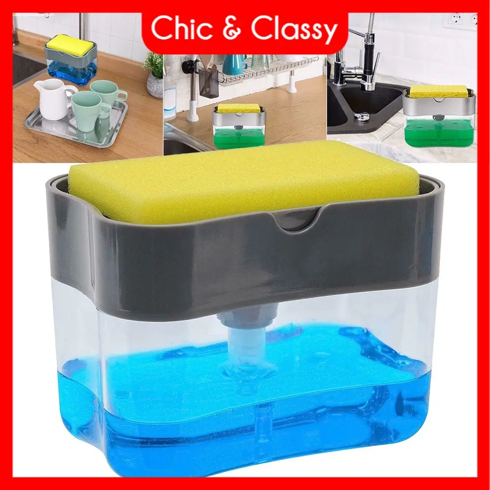 GSF 135 || Dispenser Sabun Cuci Piring + Holder + Spons / Sikat Busa Cuci Wajan Piring Dapur Gagang / Pompa Sabun + Spons GSF-135 / Dispenser Sabun Cuci Piring / Alat Pembersih Wajan Panci Piring Serbaguna Dengan Dispenser Sabun Plastik