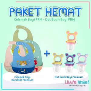 PAKET PROMO DOT BUAH MPASI PRM + BABY BIB Celemek Makan Bayi Slaber Silikon Anak Bibs Karet Baby Burb Apron Silicon Anti Air Biru Merah