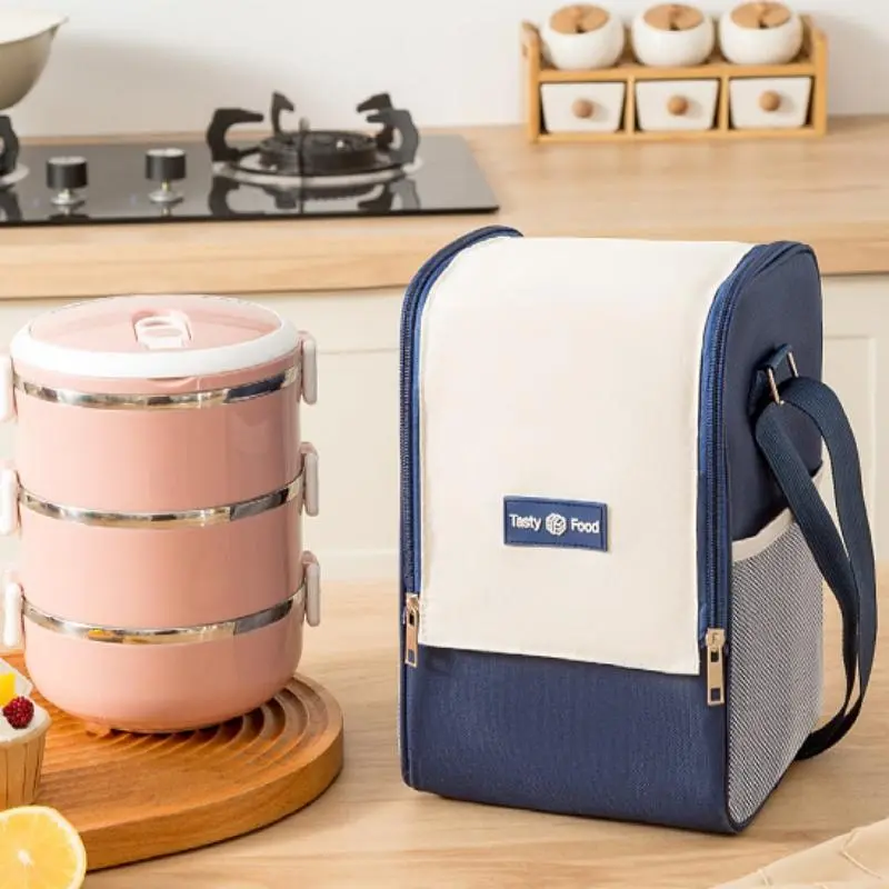 Lunch Bag, 1 Count Double Zipper Insulated Bento Bag with Shoulder Strap, Travel Picnic Bag, Lunch Box Bag for Home Kitchen Office Outdoor Camping