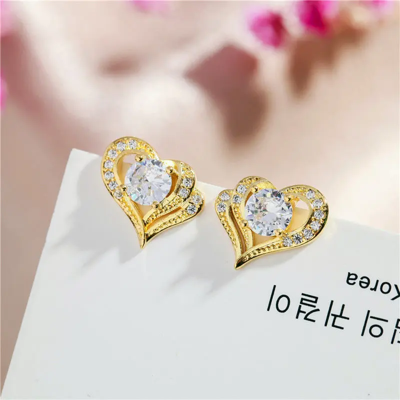 Hoa Tai Trái Tim, 2 Màu Vàng Và Bạc, Thiết Kế Đơn Giản, Cá Tính, Với Kim Cương, Đồ Trang Sức 5