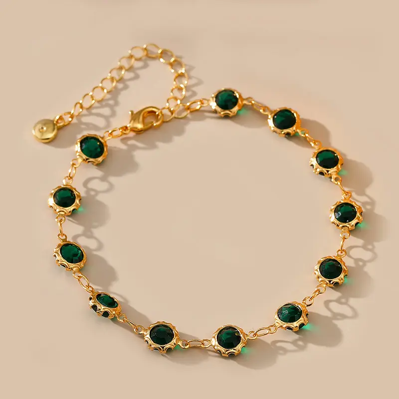 Vòng Tay Pháp, Phong Cách Gió Cổ Điển Mạ Đồng Vàng Thật 18K, Dát Họa Tiết Zircon Màu Xanh Lá Cây Đậm, Đồ Trang Sức Tinh Tế Bán Buôn, Bán Hàng Trực Tiếp Từ Nhà Máy