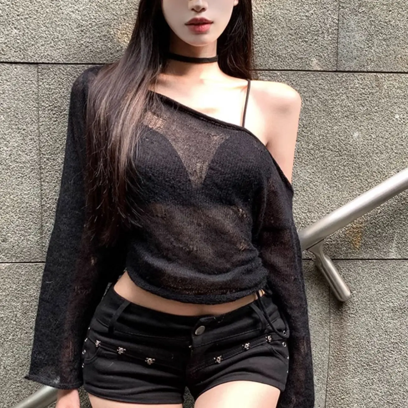 Áo Cánh Nhẹ Điều Hòa Không Khí, Hàng Mới Về Đầu Thu, Trễ Vai, Phong Cách Cô Gái Nóng Bỏng, Áo Len Dài Tay Áo, Áo Xuyên thấu Uốn Cong Của Phụ Nữ, Quần Áo Của Phụ Nữ