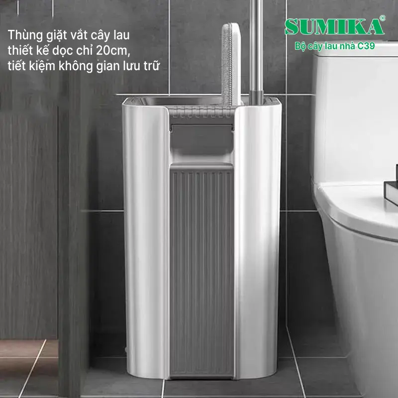 Bộ cây lau nhà SUMIKA C39, thùng lau nhà 2 ngăn tự vắt thông minh, chổi lau sàn nhà 360 độ, 2 bông lau, 1 móc treo cây lau sàn 4