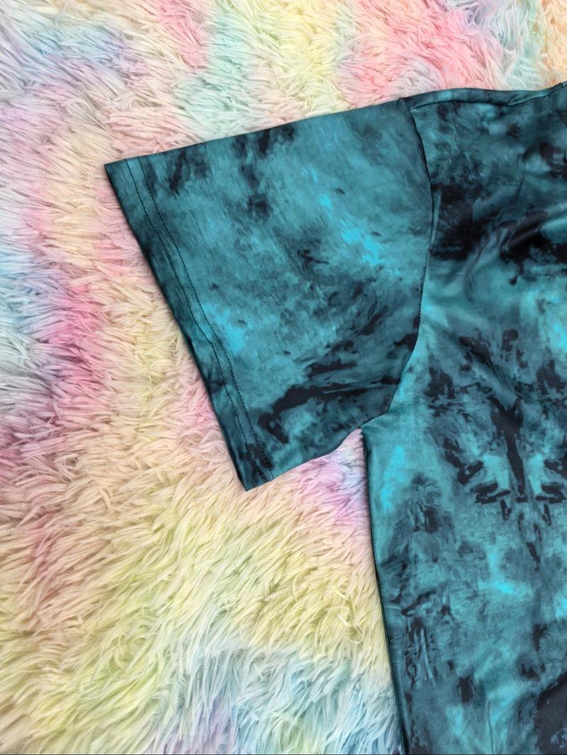 Product Introduction of 【Plus Size】 Tie Dye Print Lace Up Tee, Casual Short Sleeve T-shirt for Summer, Women's Plus Clothing for Daily Wear 4
