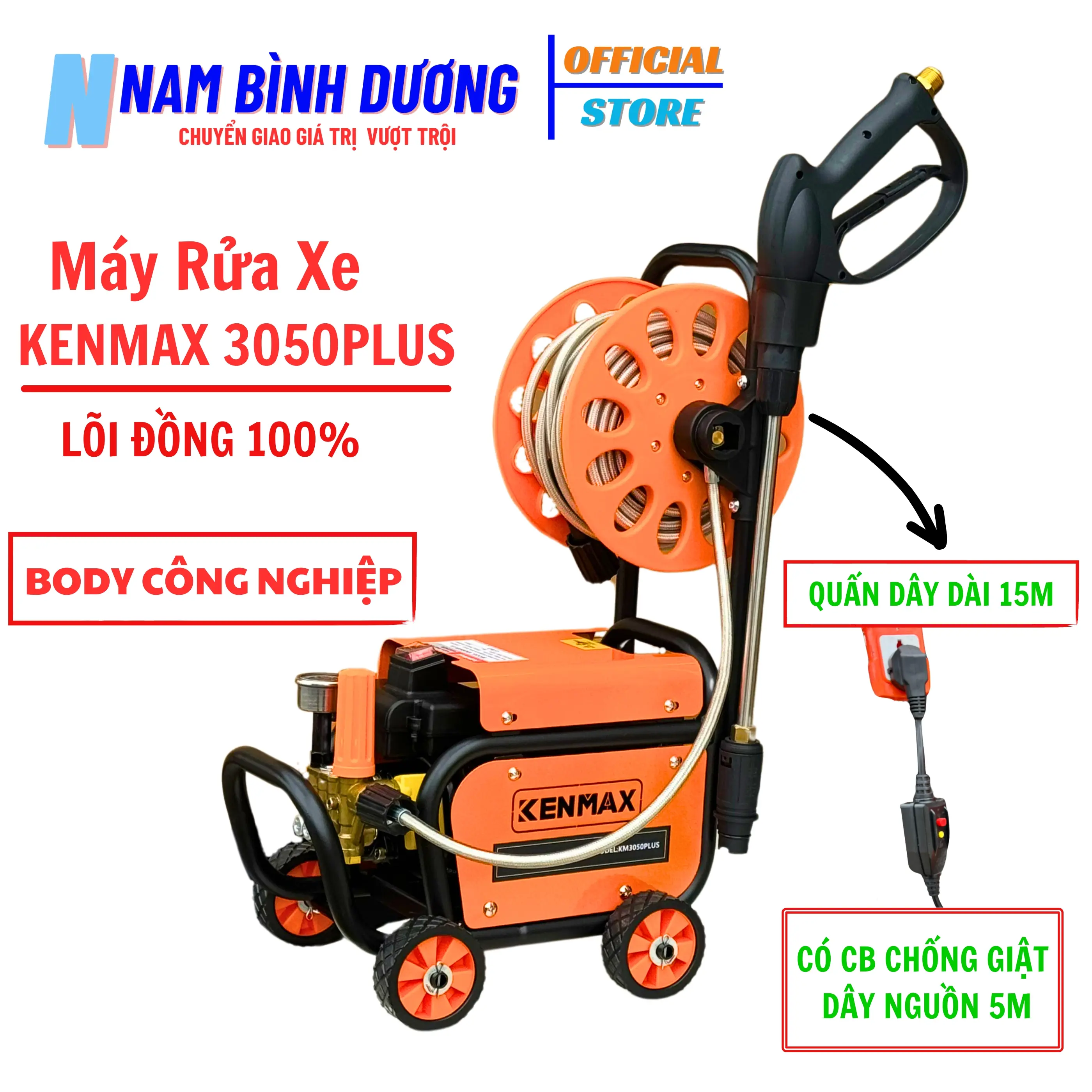 Máy rửa xe có RULO KENMAX 3050 PLUS lõi đồng có 4 bánh xe tiện lợi dùng gia đình Lau Xe