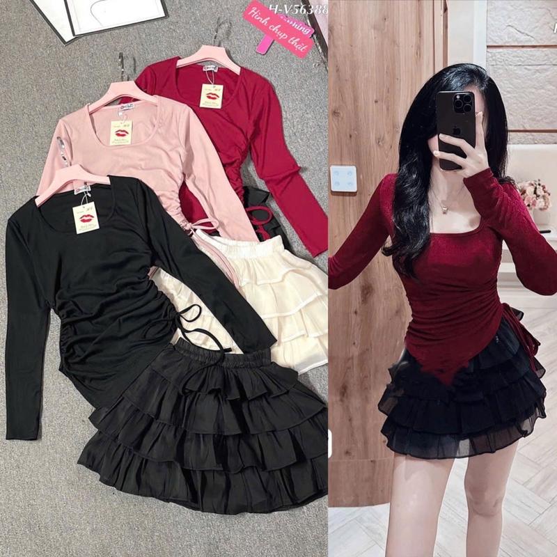 Set Thiết Kế Nữ Áo Tăm Tay Dài Cổ Vuông Tà Nhọn Dây Rút Phối Chân Váy Có Lót Trong Siêu Xinh Diện Noel Giáng Sinh Lễ Tết TUEANHSHOP