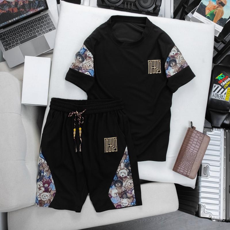 Bộ quần áo nam nữ AMYCHY ngắn tay waffle phối vải gấm dệt gấu nhỏ tam giác menswear, thời trang phong cách, co giãn 4 chiều thoáng mát