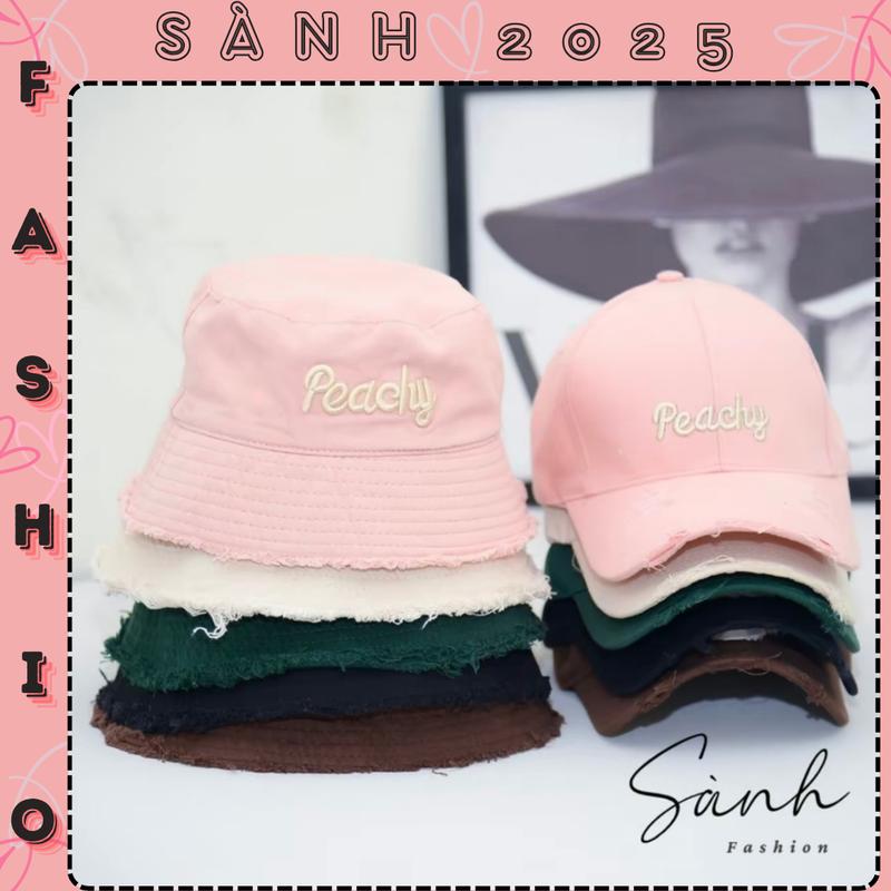 Mũ lưỡi trai và mũ bucket thêu chữ PEACHY chất vải kaki rách chống nắng unisex nam nữ_sanhfashion Voi Hat Cap