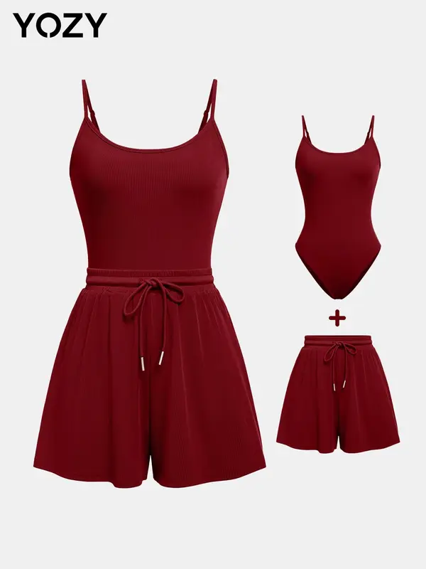 YOZY Adjustable Strap Cami Bodysuit & Drawstring Wide Leg Shorts Set, Casual Round Neck Sphaghetti Strap Bodysuit & Elastic Shorts Set, Back to School Women's Wear for Summer, Travel 7