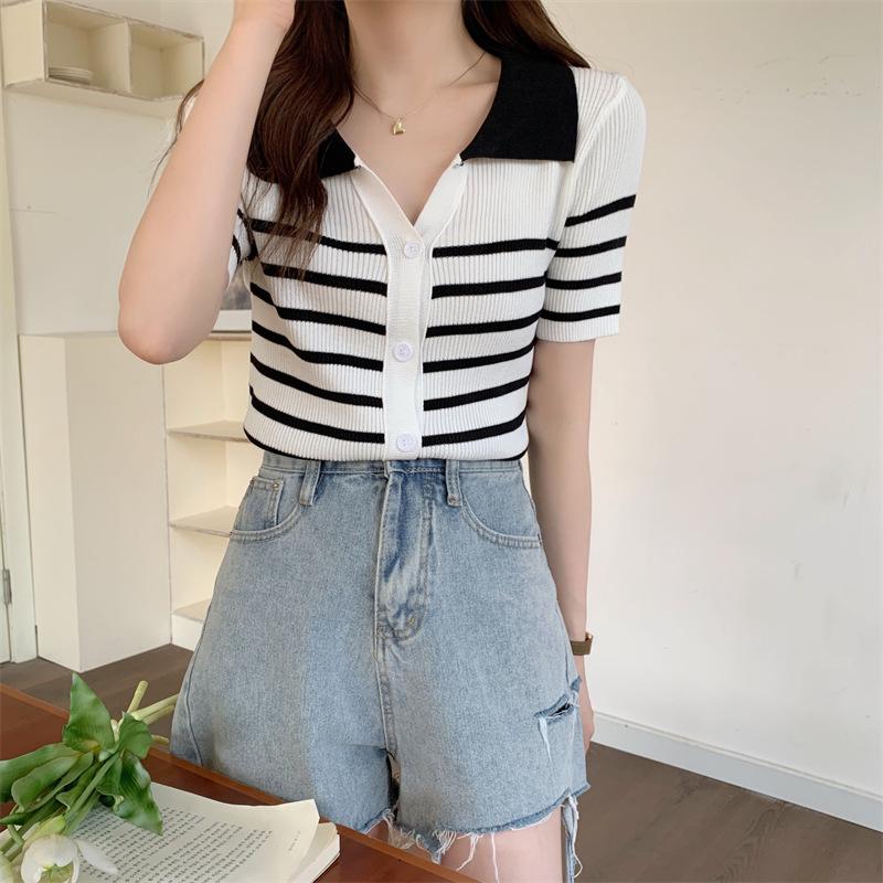 Product Introduction of Pure Desire Chic Unique Sweet Hot Girl Polo Collar Striped Slim-Fit Short-Sleeved Sweater Design Sense Niche Top Women's Summer Short Sleeve Lingerie Shirts Collared Knitting Comfort Knitwear 20