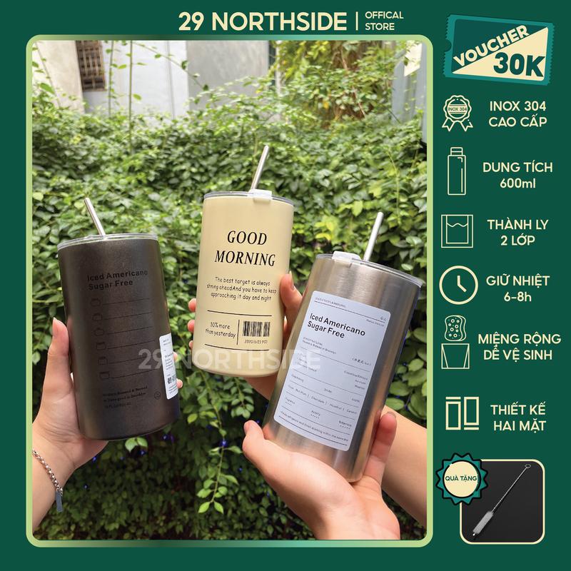29NS-(Tặng Cọ Rửa) Ly Giữ Nhiệt Iced Americano Dung Tích 600ML Inox 304 Cao Cấp Có Nắp Đậy Tặng Kèm Ống Hút, bình nước giữ nhiệt Nóng Lạnh