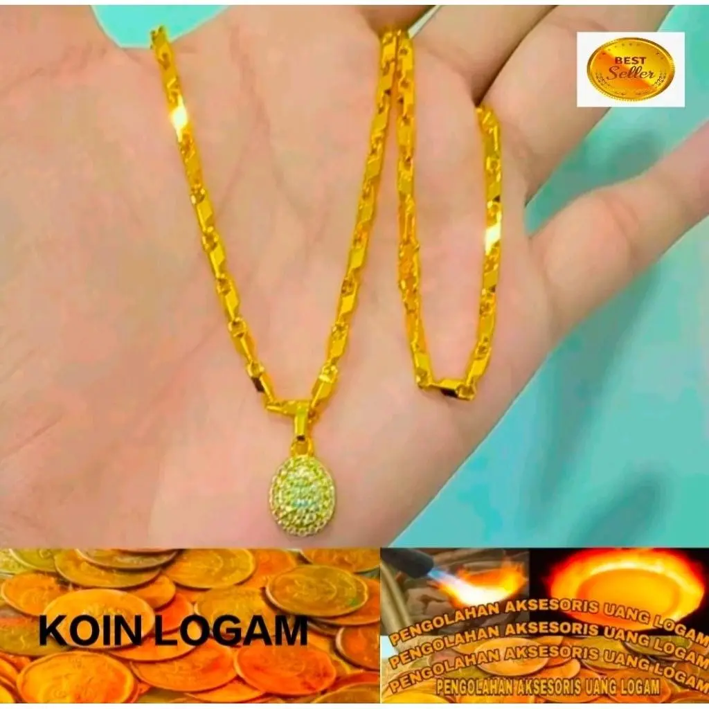Kalung Wanita Terbaru Anti Karat Lapis Emas 24k Koin Logam 91 Ori Motif Padi Perhiasan Cantik Elegan