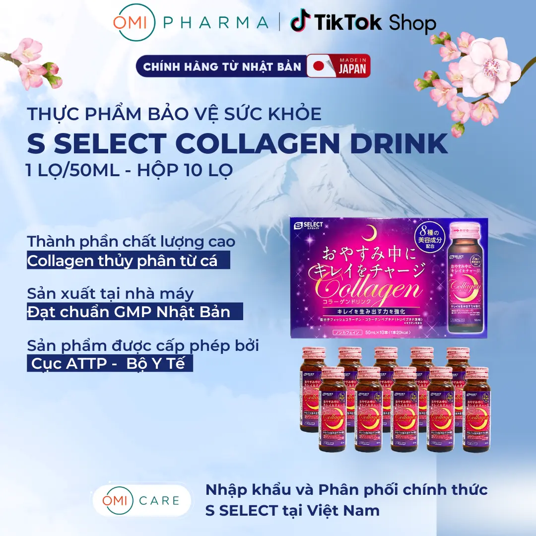 Hộp 10 Chai Collagen S Select Nhật Bản Hàm Lượng Tối Ưu 2000mg, Chứa Chứa bộ 3 Axit Amin Hỗ Trợ Tăng Sinh Collagen Tự Nhiên Cho Cơ Thể (50ml/chai x Hộp 10 chai)