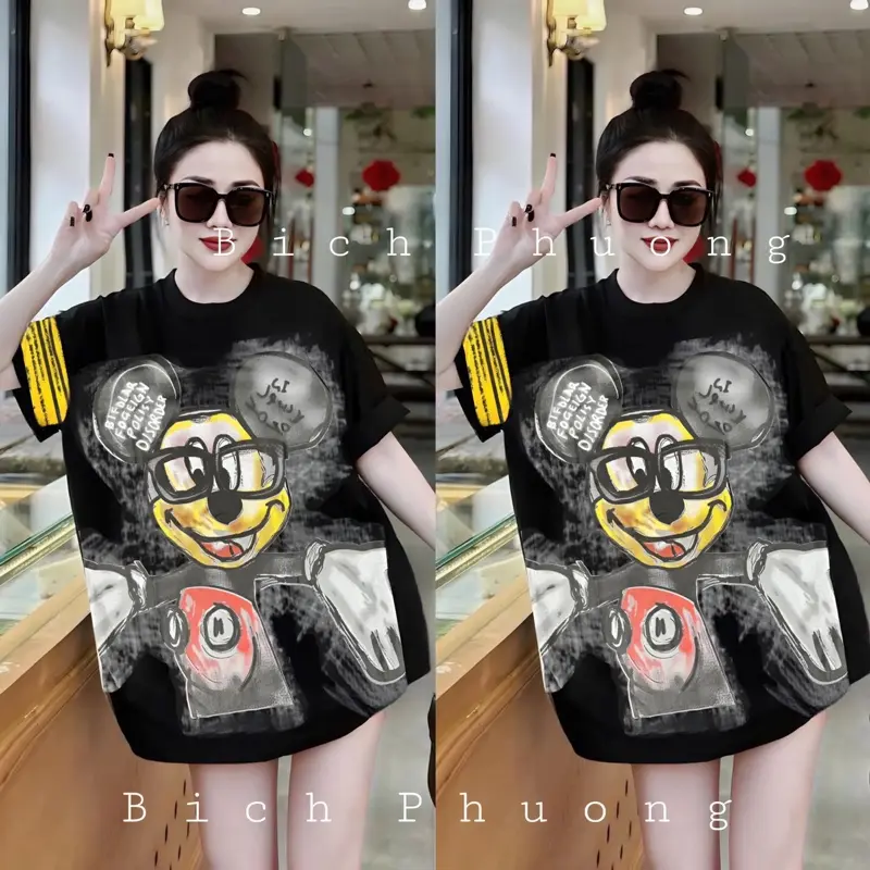 Áo Phông cotton 4chiều mịn mát- in hình chuột to hết áo +tay (free size 40-70kg)