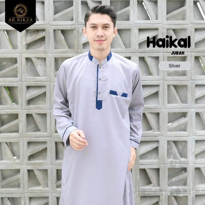Jubah Gamis Pria Muslim Jubahh Haikal's Dewasa Simple Bahan Katun Toyobo Lengan Panjang Silver List Navy Series Kancing Abu 1