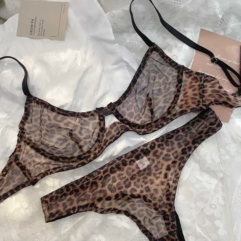 French Sexy Leopard Print Lace Lingerie Set Ultra-Thin Transparent Bra Low-Rise Thong Women