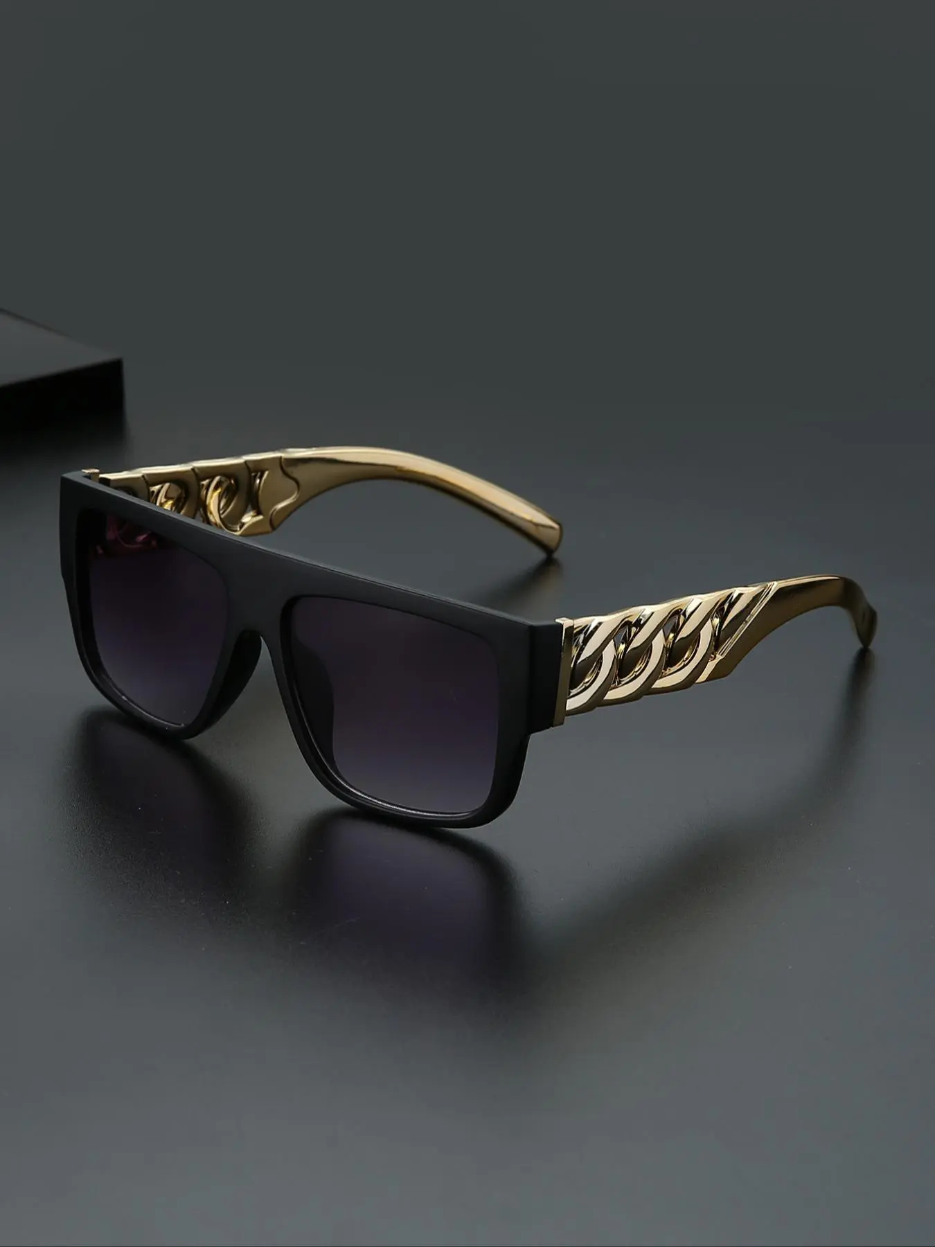 Men's Punk Style Chain Leg Sunglasses, Flat Top Square Frame Sunglasses, Summer Trendy Casual Sunglasses for Everyday Use, Fashion Accessories for Outdoor Activities