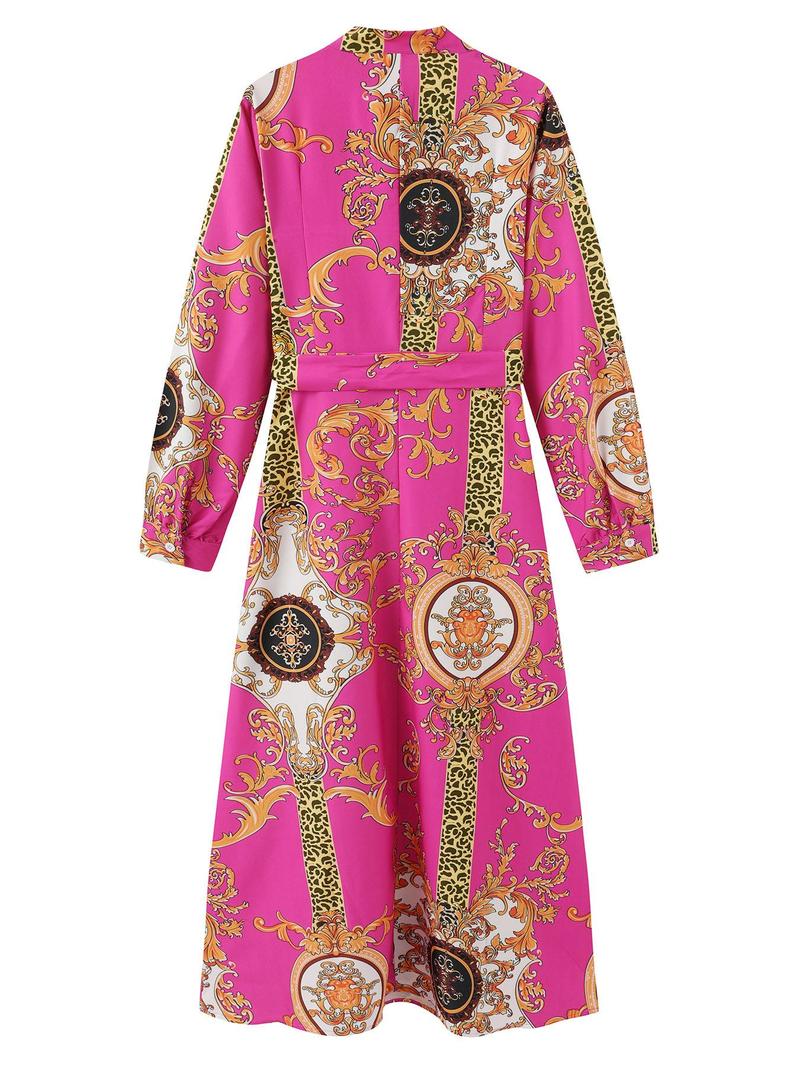 Product Introduction of Women's Ethnic Pattern Belted Tie Neck A Line Dress, Boho Fashion Long Sleeve Dress for Daily Holiday Vacation Wear, Ladies Dress for All Seasons 3