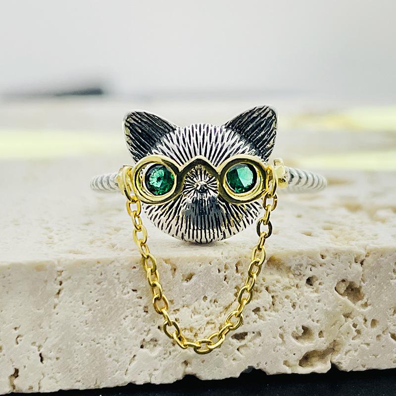 925 Sterling Silver Doctor Cat Ring with 18K Gold Plated Glasses5