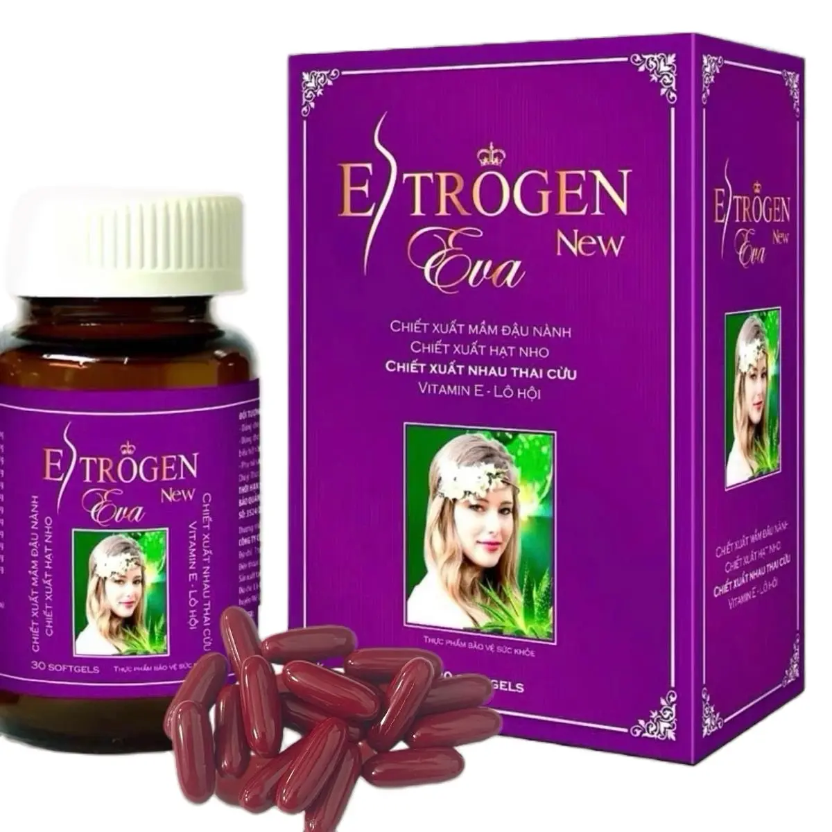 -Viên uống ESTROGEN EVA,giúp cân bằng nội tiết cho phụ nữ tiền mãn kinh và mãn kinh,cải thiện da khô nám sạm, giúp đều kì kinh cải thiện nóng trong, bốc hoa khó ngủ tóc rụg đau đầu chóng mặt nhức mỏi khí huyết kém..1 hộp 30V