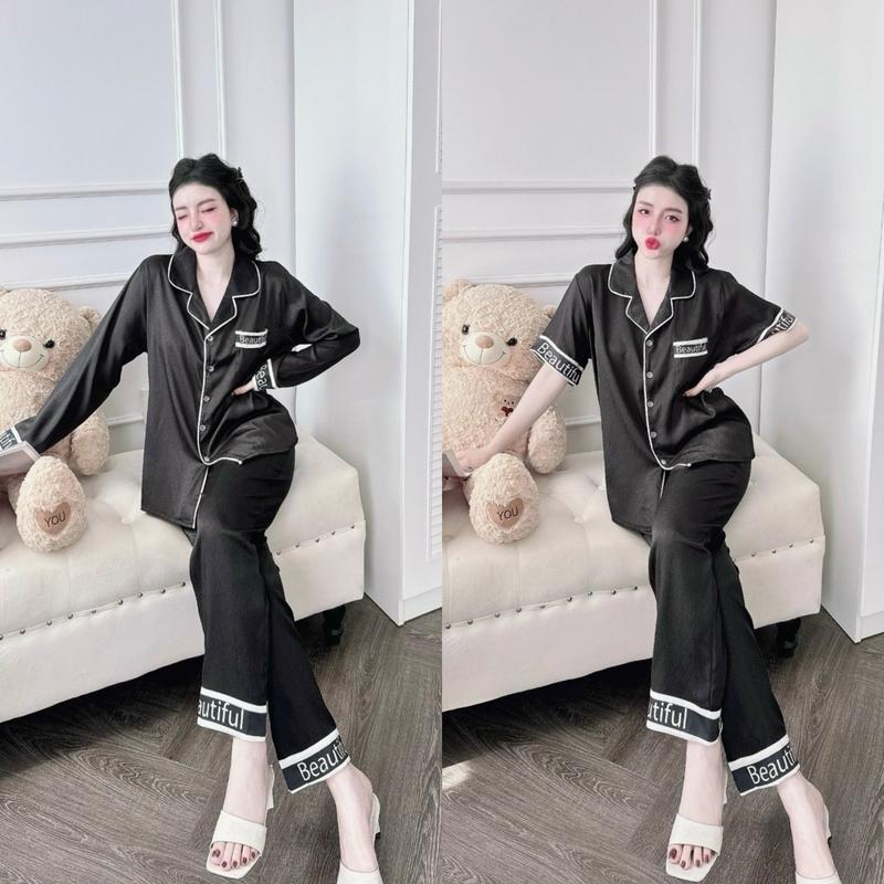 Đồ bộ pijama đen viền trắng lụa xước ánh kim có 2 size quần có túi 40-75kg dobo tay ngan Áo Nữ