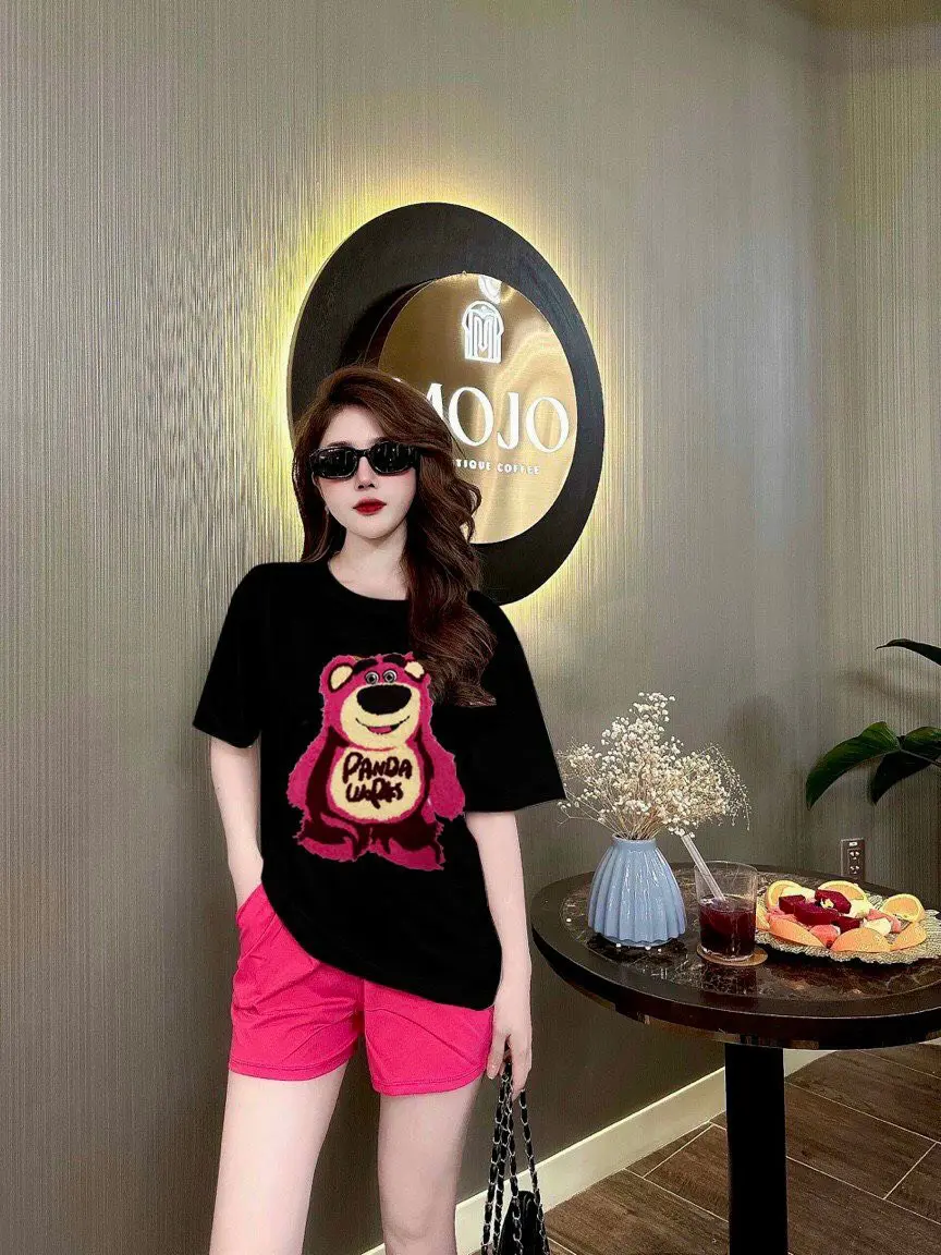 Set đồ bộ thời trang nữ, thun cotton 100%, Logo Gấu hồng Mập
