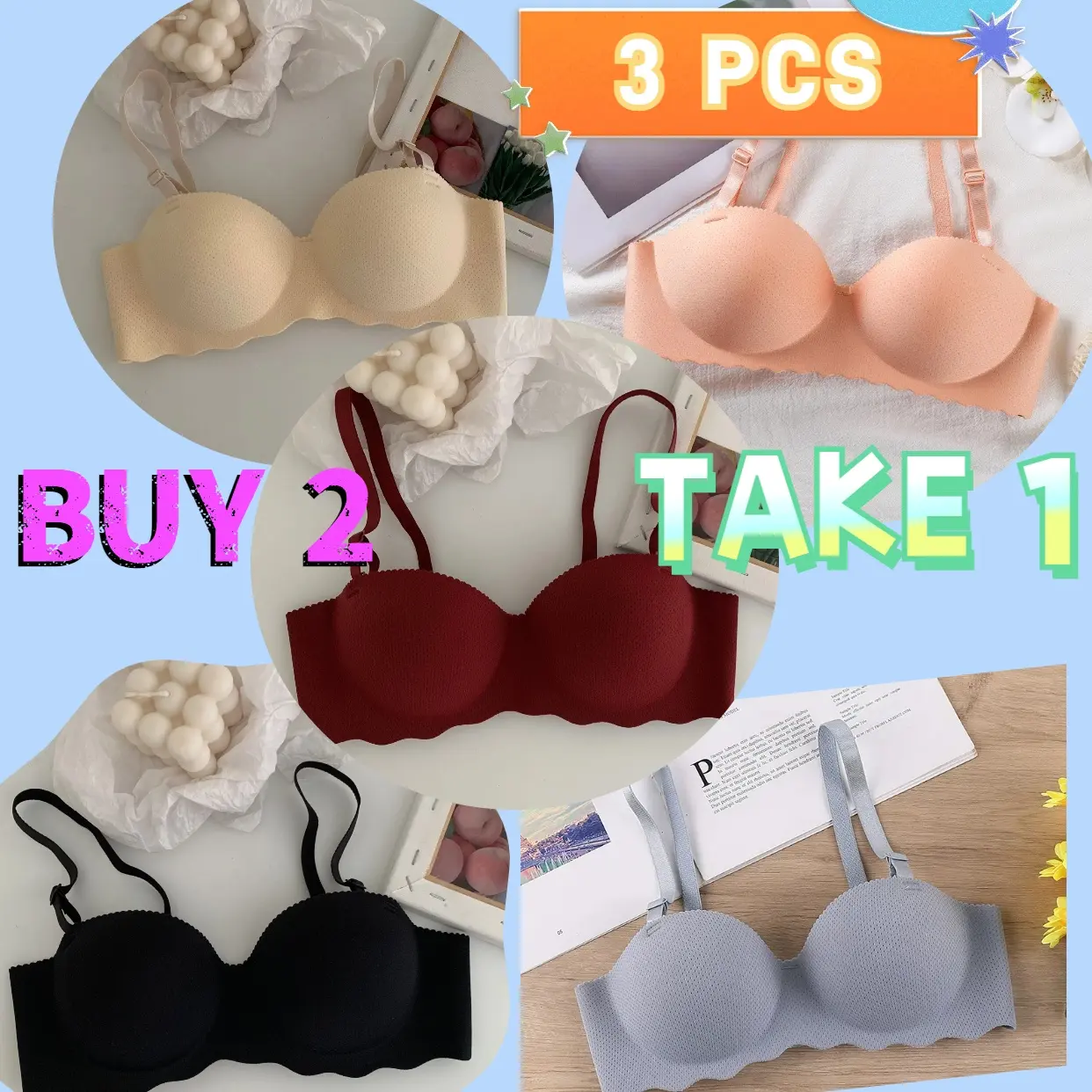BUY 2 TAKE 1 Middle School Students Small Chest Gathered without Steel Ring Middle School Students Girl's Underwear Female Seamless One Piece Shumei Bra Comfort Lady Womenswear Innerwear Bridal Women's Breathable Seamless Bra Basic Minimalist
