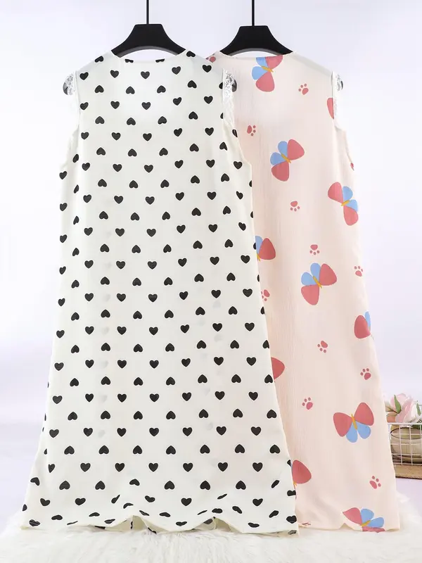 Plus Size Women's All Over Heart/Butterfly Print Lace Trim Square Neck Nightdress, Loose Casual Soft Comfortable Sleeveless Nightgown for Women, Women's Sleepwear for All Seasons 1