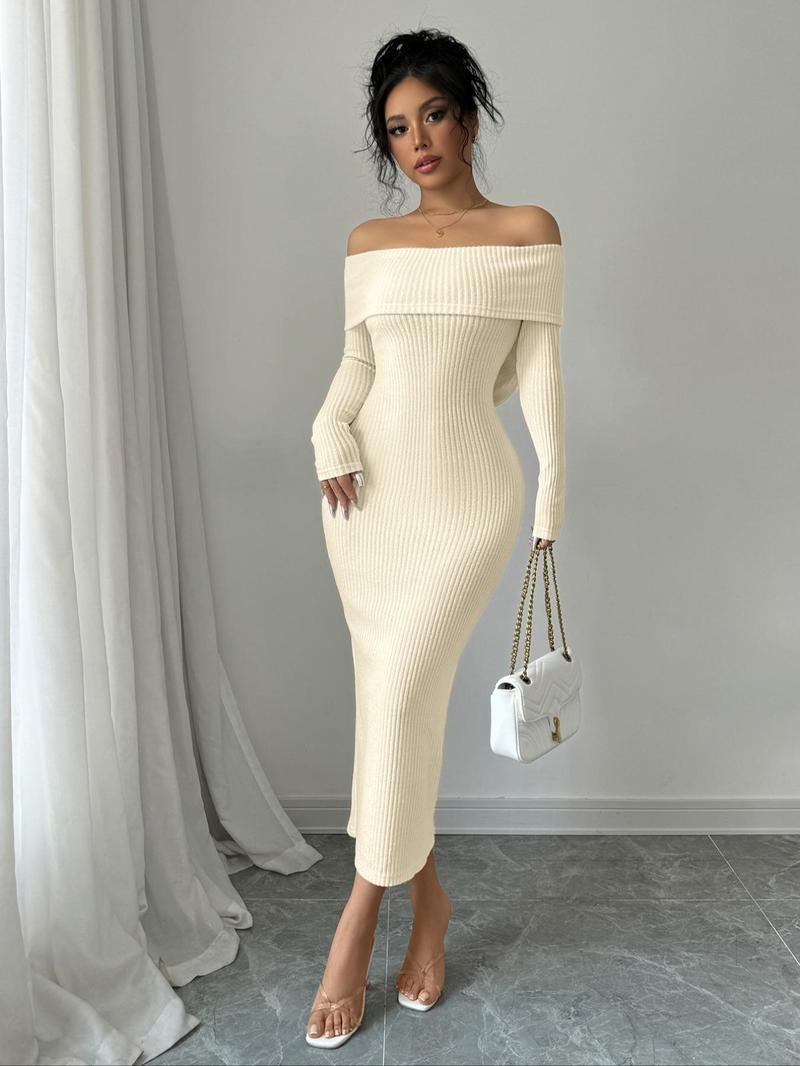 Product Introduction of Aliling Women's Off Shoulder Ribbed Bodycon Dress, Elegant Fashion Long Sleeve Dress for Party Dating Wear, Women Dress for Fall & Winter 1