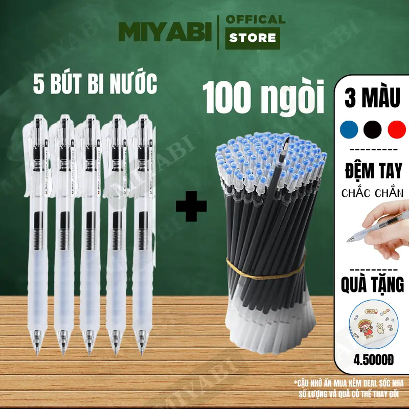 COMBO 5 bút bi nước + 100 ngòi bút bi nước 0.5mm , ruột bút ST tiêu chuẩn nhanh khô , mực mịn - MIYABI STORE