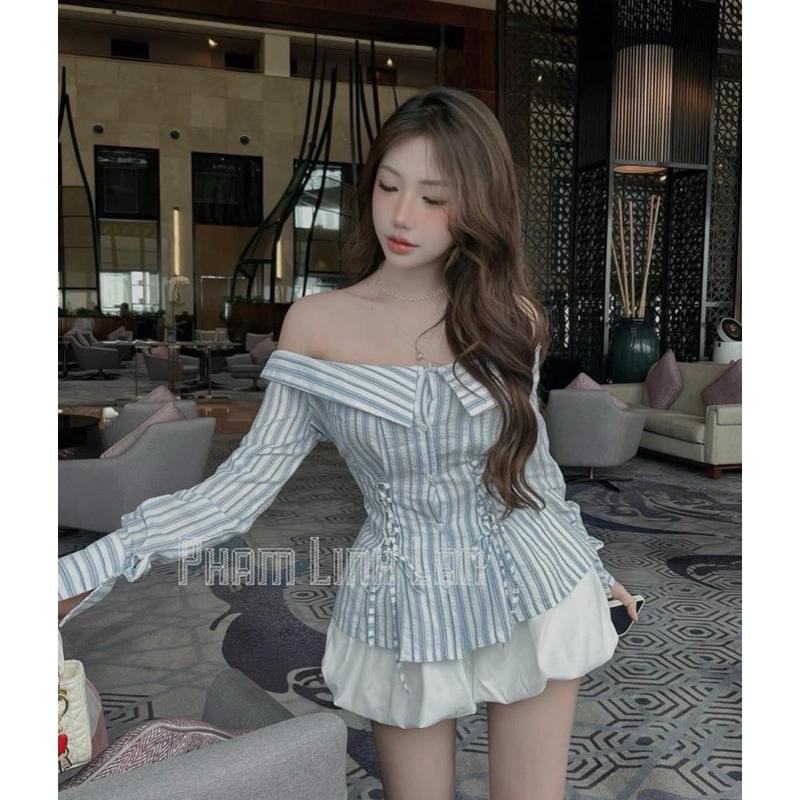 Set áo sơ mi thô sọc trễ vai phối quần bí