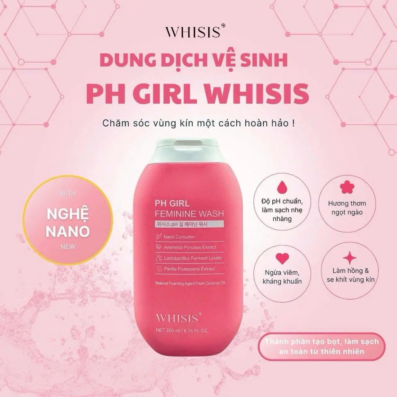 Dung Dịch Vệ Sinh Phụ Nữ Whisis pH Girl Feminine Wash 200ml Làm Sạch, Duy Trì Độ Ẩm & pH Tự Nhiên