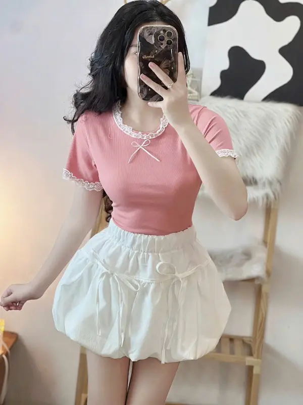 Áo thun nữ cổ vuông , cổ và tay viền ren đính nơ giữa dễ thương 1