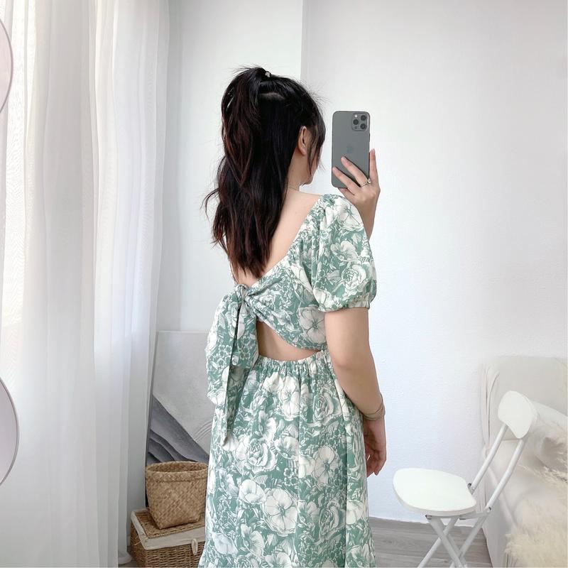 Chubby House Styles-Floral Dress- Đầm big size xòe hoạ tiết hoa cột dây Nữ Women peplum Kem Nhung 6