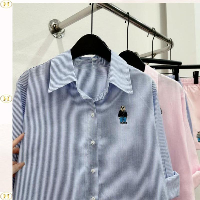 [Có tách lẻ] Set Bộ kẻ sọc thêu cún gồm áo sơ mi và quần đùi chất thô mềm, có túi, size 40-60kg, hot trend xuân hè 2025 - Top WomenStore 8
