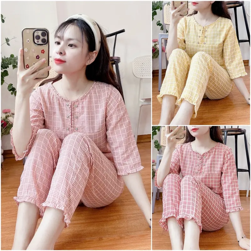 Bộ mặc nhà 6 khuy cổ nhún bèo xinh chất thô kẻ lông mềm. 2