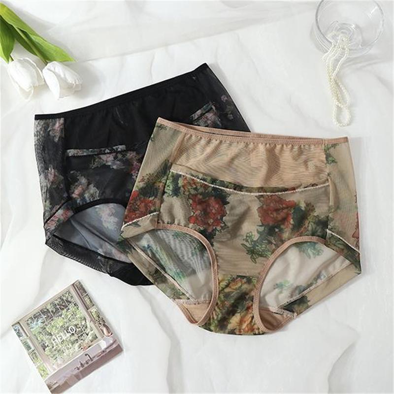 4 Pieces New Mesh Printed Comfortable Breathable Women's Underwear Skin-friendly High Waist Abdominal Pants (1pcs) DDUN 7