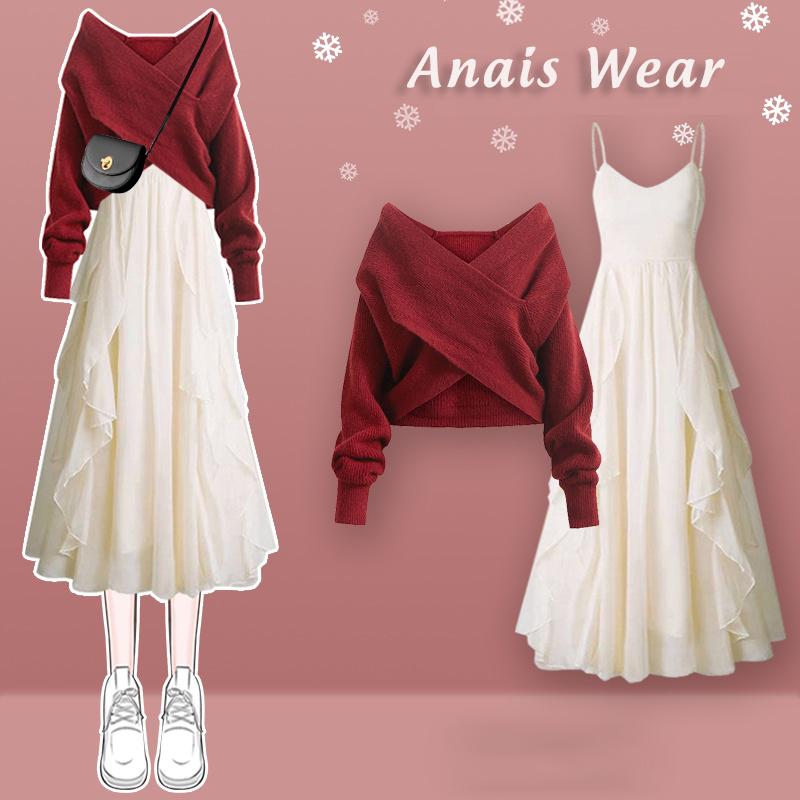 Áo len trễ vai vạt chéo siêu xinh kết hợp với váy 2 dây bồng bềnh quyến rũ, áo len cổ chữ V, anais wear