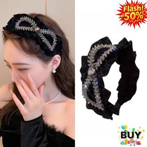 ที่คาดผมโบว์ Rhinestone สำหรับผู้หญิง ที่คาดผมกำมะหยี่กว้าง มงกุฎสูง เครื่องประดับผมล้างหน้า ของขวัญประณีต สีดำและสีแดง