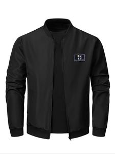 Chamarra Bomber de Hombre Sólida con Parches y Cierre, Corte Regular, Manga Larga y Cuello de Béisbol, Ropa de Abrigo Casual para Actividades al Aire Libre, Moda Ropa Deportiva para Hombre para Todas las Estaciones