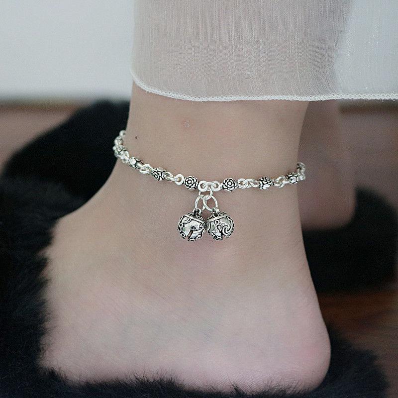 Vòng chân chuôngS925 Sterling Màu bạc , vòng chân may mắn nữ, phong cách dân tộc retro, thời trang đặc biệt, vòng mắt cá chân hoa hồng cho bạn gái