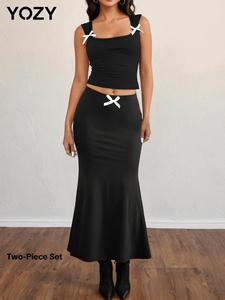 YOZY Two-Piece Set Women's Bow Front Tank Top & Mermaid Skirt, Solid Sleeveless Square Neck Top & Elastic Waist Skirt, Ladies Clothes for All Seasons