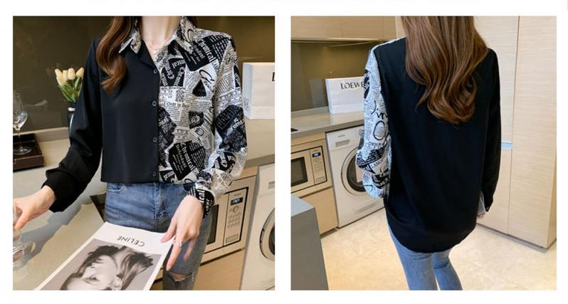 Product Introduction of Cross-Border Stitching Long-Sleeved Shirt Women's 2024 Spring and Autumn New Letter Printed Long-Sleeved Shirt 6