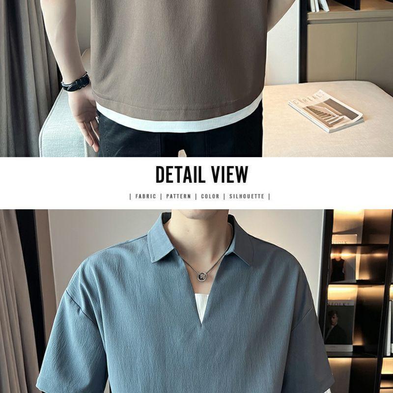 Product Introduction of 2025 Fake Two-Piece V-neck T-shirt Men's Ins Fashion Brand Short Sleeve Polo Shirt Ice Silk Half Sleeve 2023 New Summer Matching Suit 13