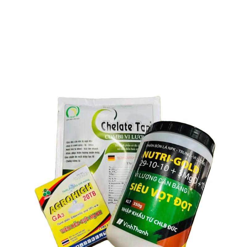  Phân bón lá bộ 3 kéo đọt cực mạnh dưỡng đọt xanh lá giày lá. 1 hũ 29-10-10 nhập CHLB Đức 1 gói Chelate Combi Trung Vi Lượng VitaminB1 1 Viên Ga3 nhập Thái Lan. Kết hợp pha 200 lít. Giúp đâm chồi vọt đọt cây trồng lớn nhanh chóng xanh lá giày lá. 
