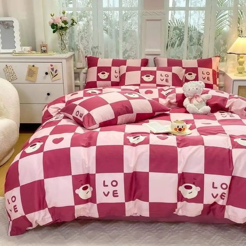 Bộ Vỏ Chăn Ga Gối 5 món Cotton poly Mẫu Caro Gấu đầy đủ kích cỡ m2/m6/m8/2m2 mẫu hot trend