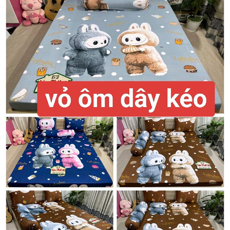 LABUBU, VỎ ÔM KHOÁ KÉO, Bộ 4 món thun Hàn quốc HAPPY XANH (1 ga, 2 vỏ 40*60cm, 1 vỏ ôm dây kéo) thoáng mát, không xù lông, không ra màu