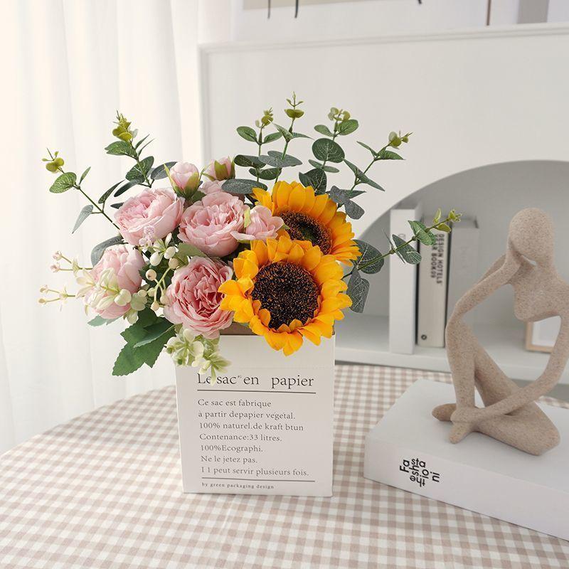 Product Introduction of [30 Days Hot Sale 5050 Pieces] Ins Style Sunflower Artificial Flowers Bouquet Home Decor Living Room Desktop Paper Bag Decoration Photo Props 18