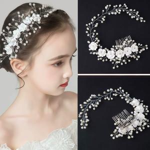 Children's Korean Version Handmade Pearl Rose Flower Hairband Comb Bride Wedding Dress Accessories